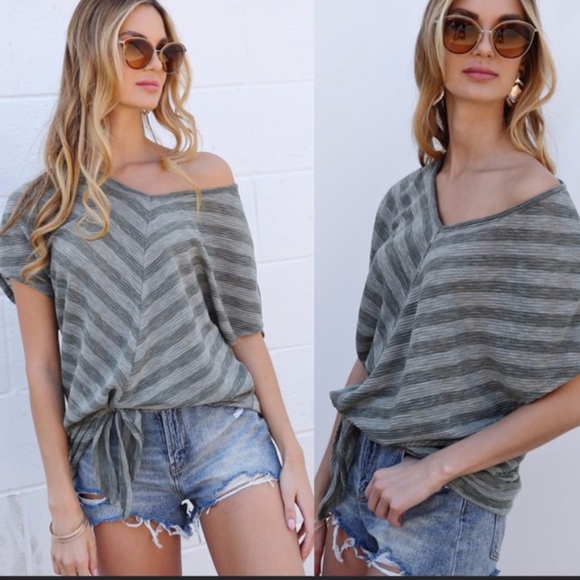 CIERA Front Tie Striped Top - OLIVE - Picture 1 of 4